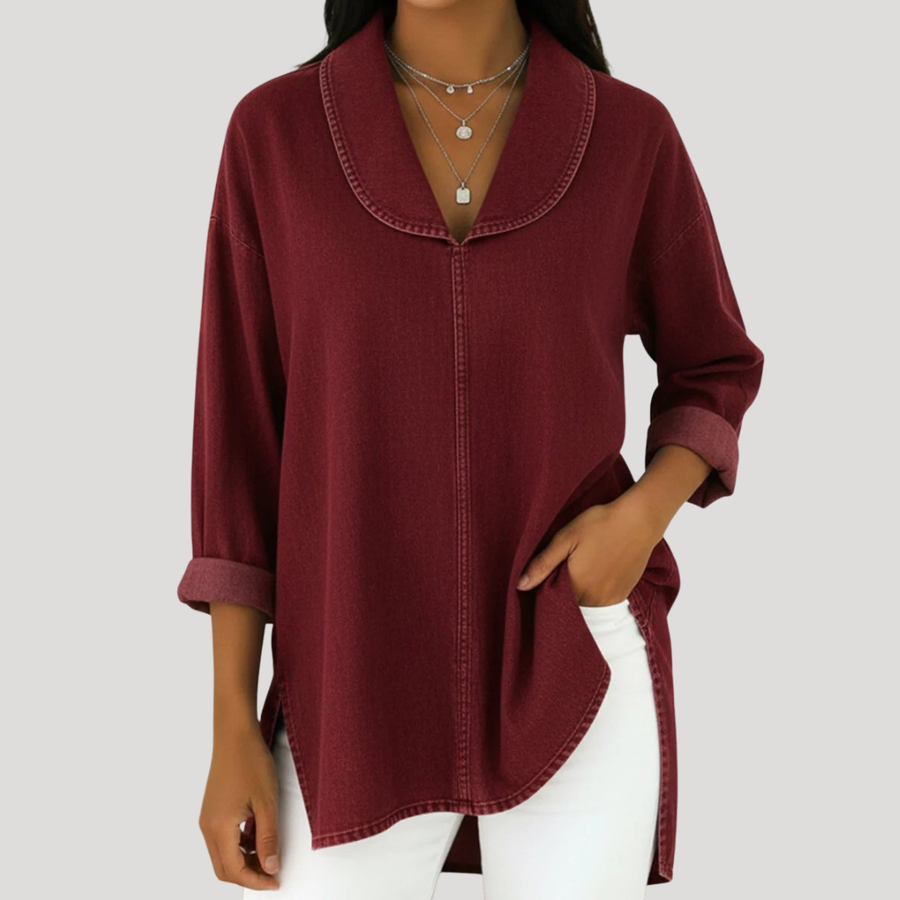 COURTNEY | FAUX DENIM SHAWL COLLAR BLOUSE