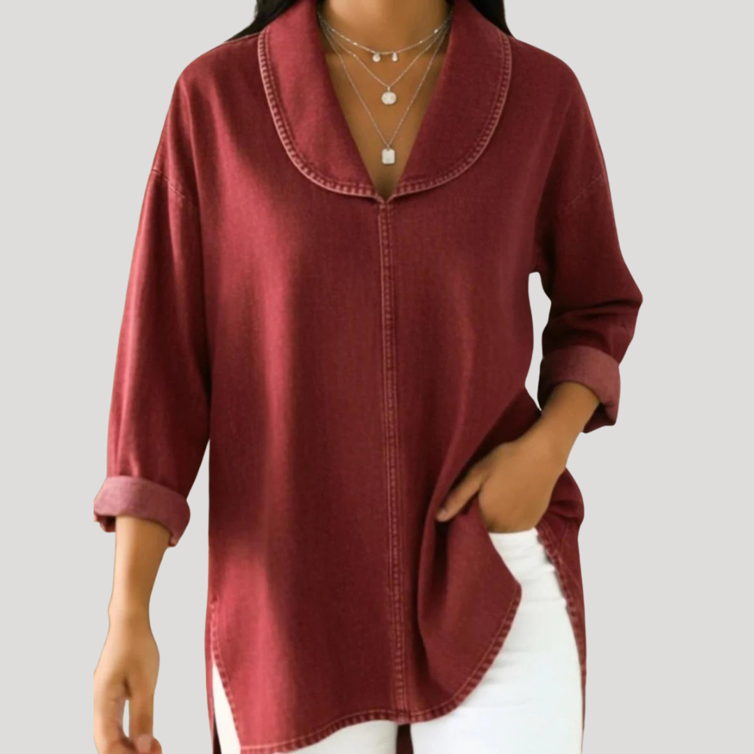 COURTNEY | FAUX DENIM SHAWL COLLAR BLOUSE