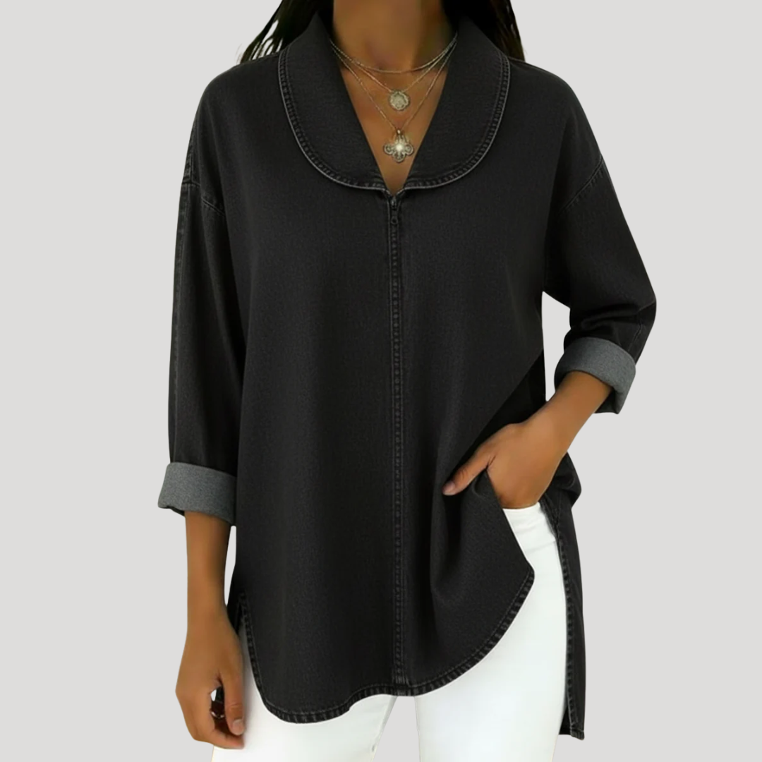 COURTNEY | FAUX DENIM SHAWL COLLAR BLOUSE
