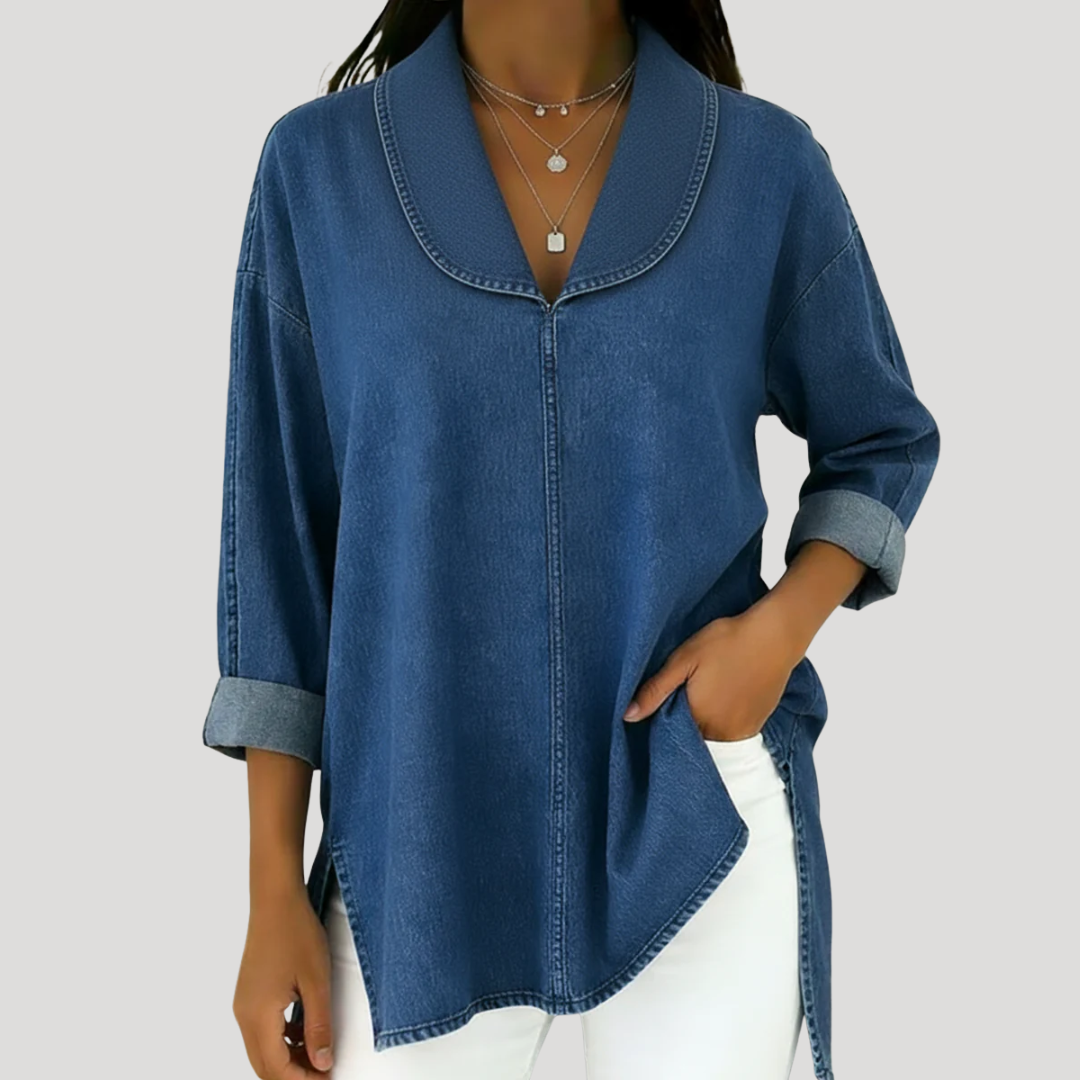 COURTNEY | FAUX DENIM SHAWL COLLAR BLOUSE