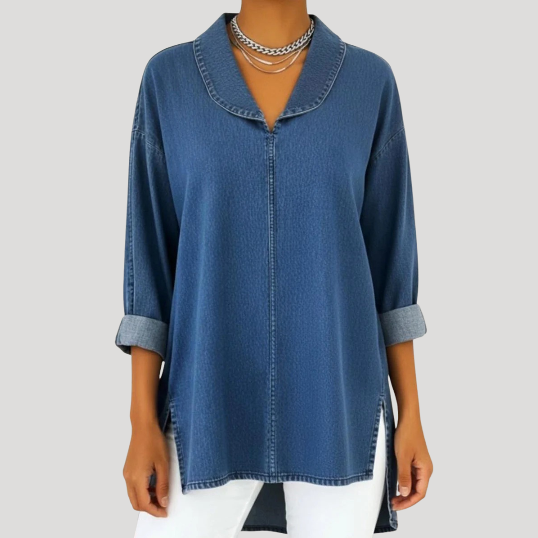 COURTNEY | FAUX DENIM SHAWL COLLAR BLOUSE