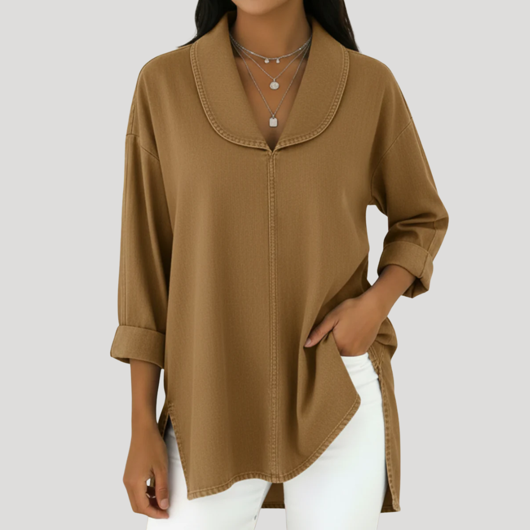 COURTNEY | FAUX DENIM SHAWL COLLAR BLOUSE