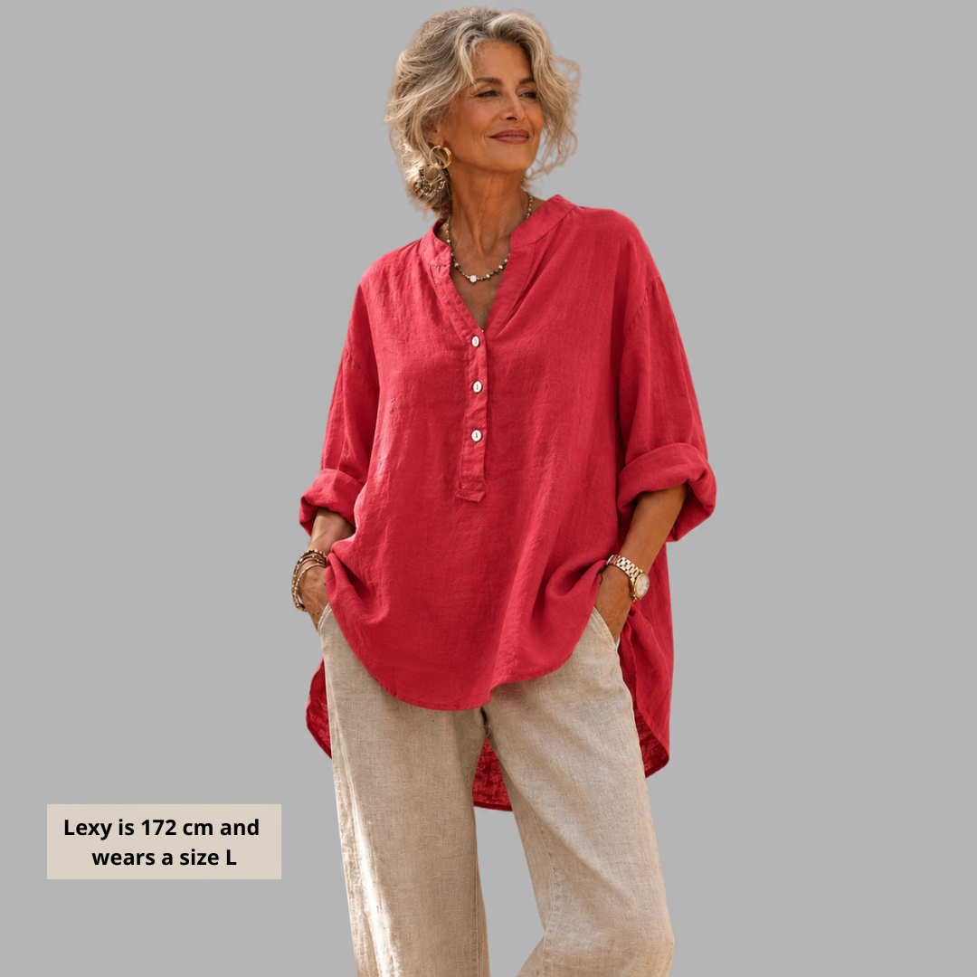 VERONIQUE | ELEGANT COTTON-LINEN V-NECK BLOUSE