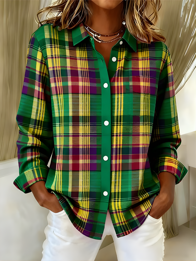 LILAH | CHECKED HOODIE BLOUSE IN VIVID GREEN TONES