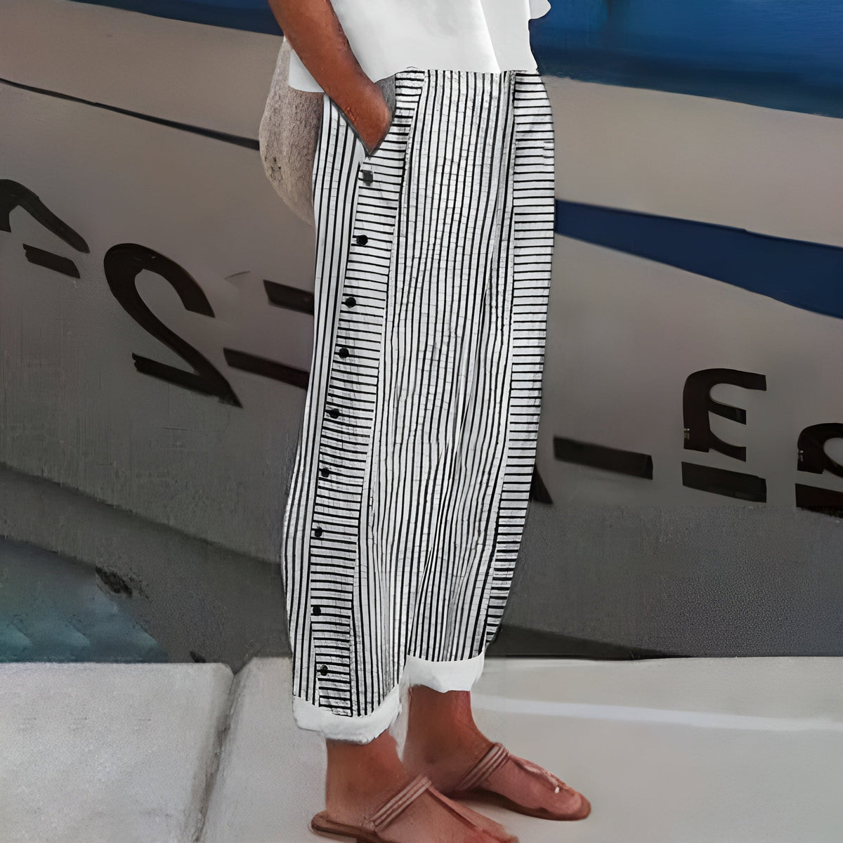 DARCY | SIDE-BUTTON STRIPED COTTON PANTS