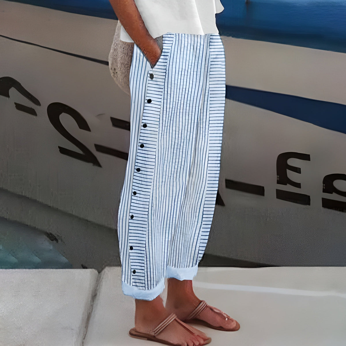 DARCY | SIDE-BUTTON STRIPED COTTON PANTS