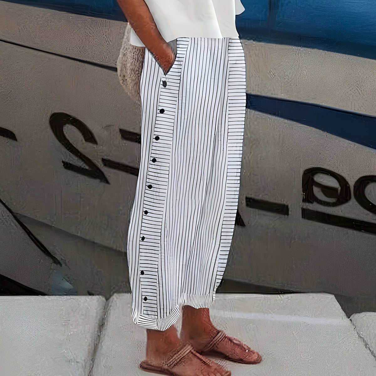 DARCY | SIDE-BUTTON STRIPED COTTON PANTS